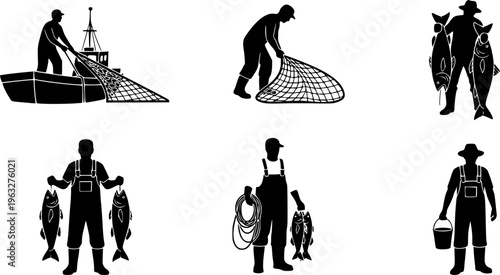 Professional Fishermen Silhouette Set - Commercial Fishing Net, Boat, and Fish Catch Vector Collection
