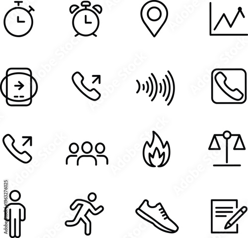 Black, line, icon, set, for, business, fitness, communication, and, lifestyle, interface, design, including, clocks, phones, maps, and, health, vector, elements,