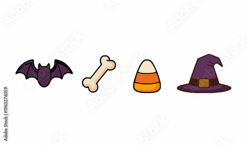 Simple Halloween icon set vector with bat bone candle candy corn and witch hat flat festive illustration isolated on white