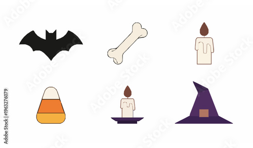 Minimalist geometric Halloween icons vector set with bat bone candle candy corn and witch hat flat design isolated on white