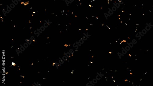 golden confetti falling down, exploding gold confetti slow motion overlay. Falling metallic glitter confetti in black background. real gold confetti rain isolated for festive holiday celebrations.