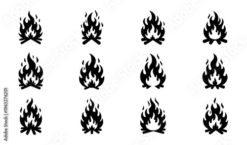 Fire silhouettes vector set flat black isolated flames illustration on white background
