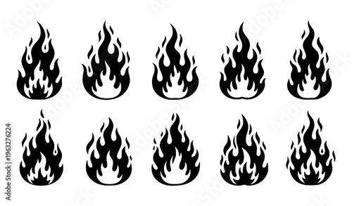 Hand drawn black fire silhouettes vector set organic sketch flat illustration isolated on white background