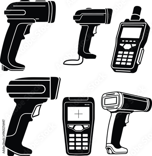 Handheld Barcode Scanner and Mobile Computer Terminal Vector Icons Set for Logistics and Warehouse