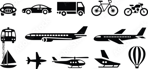 Black, transportation, icon, set, including, cars, airplanes, trucks, bicycle, motorcycle, boat, helicopter, and, hot, air, balloon, vector, vehicle, silhouette, elements,