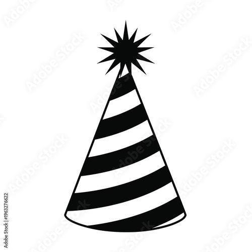 Vector illustration of a black and white striped party hat with starburst on top for celebrations