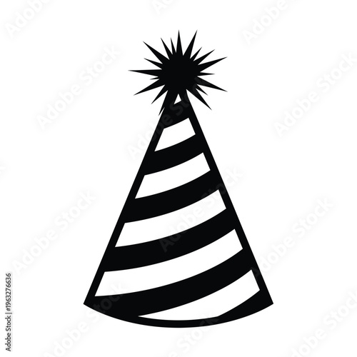 Vector illustration of a black and white striped party hat with spiky decoration on top for celebrations