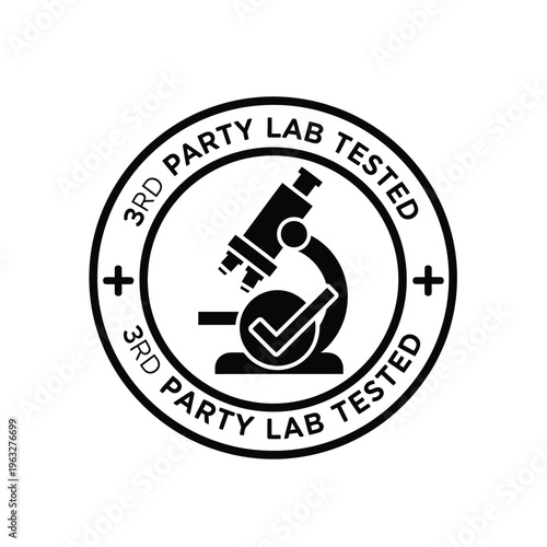 Vector illustration of 3rd party lab tested seal with microscope and checkmark symbol