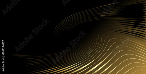 高級感あふれる黒背景に流れるゴールドの曲線ラインが織りなすラグジュアリーでモダンな抽象ウェーブデザイン素材