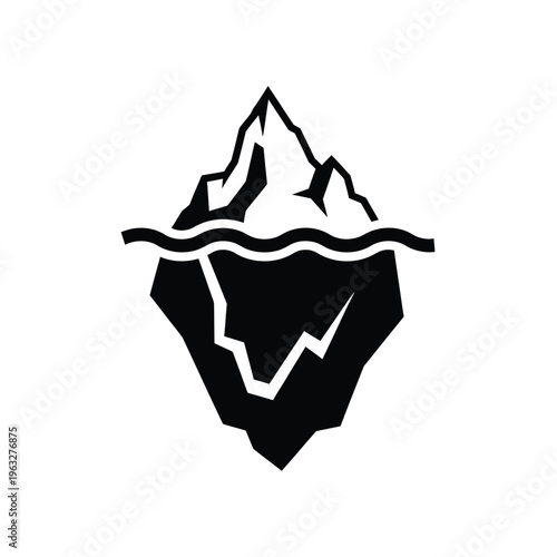 Vector illustration of iceberg with mountain peak above and below waterline in black and white