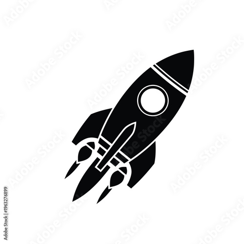 Vector illustration of a sleek black rocket ship soaring through space with white outlines and details