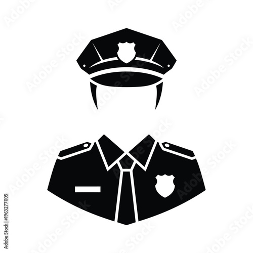 Vector illustration of police uniform and hat in black and white colors for design use