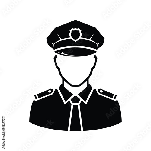 Vector illustration of a faceless police officer in uniform and hat simple black and white design