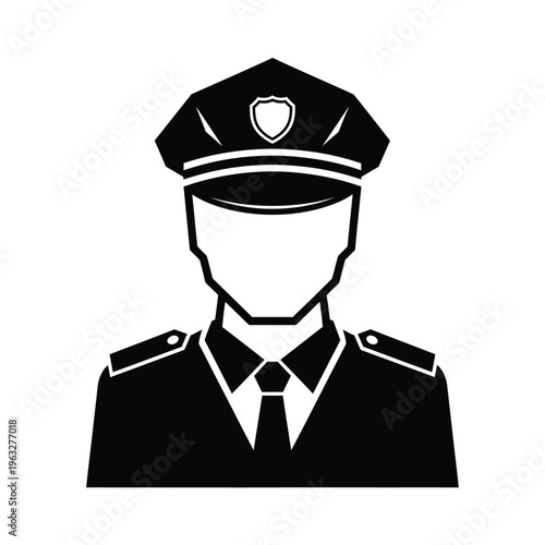 Vector illustration of a police officer in uniform with a badge and hat in black and white