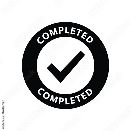 Vector illustration of a completed checkmark badge with black and white colors
