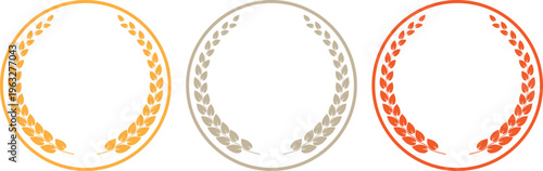 金銀銅の月桂樹フレームセット、受賞・表彰・ランキングに最適な高級感あるエンブレム風円形装飾デザイン素材