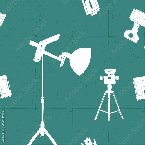 Professional Studio Lighting Equipment and Video Camera on Tripod.