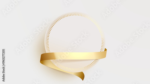 高級感あふれるゴールドリボンが円形ドットフレームを包み込むエレガントな抽象背景デザイン、上品でラグジュアリーなバナー装飾素材