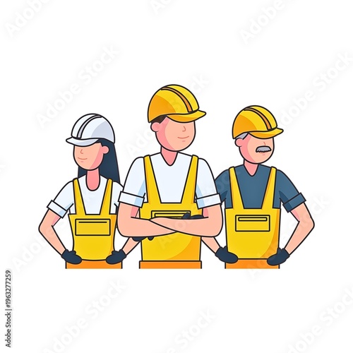 Three construction workers wearing yellow hard hats and vests standing together