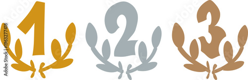 高級感のあるゴールド・シルバー・ブロンズの月桂樹付きランキング数字アイコンセット（1位・2位・3位）受賞・表彰・順位表示デザイン素材