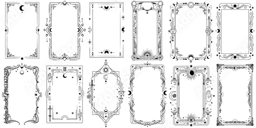 タロットカード風フレームセット｜神秘・占い・セレスティアル装飾ラインアート