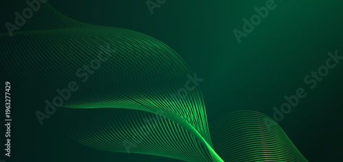 立体的に交差するグリーンラインが美しく広がるダイナミックな抽象ウェーブ背景・先進的でスタイリッシュなデザイン素材
