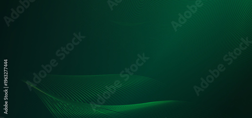 深緑のグラデーションに繊細なラインが波打つ未来感あふれる抽象テクノロジー背景・シンプルで高級感のあるデザイン素材