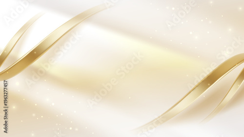 ホワイトベージュの柔らかな空間に流れるゴールドの光と粒子がきらめく上質で清潔感のある抽象背景デザイン