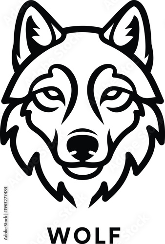 Black icon style line art, head wild animal wolf.