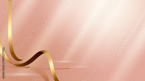 柔らかなピンクグラデーション空間に舞うゴールドリボンが上品な華やかさを添えるミニマルな高級背景素材