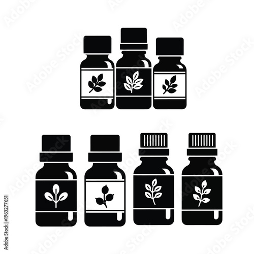 Essential Oil Bottles Icons Set, Herbal Extract and Aromatherapy Vector Art for Wellness Design