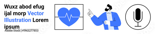 Healthcare, communication, education, digital tools, voice recording, technology. Heartbeat graphic, person pointing microphone icon. Healthcare and communication in a modern digital theme