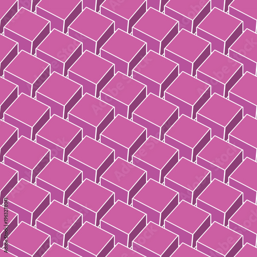 Art seamless geometric 3d cubes abstract pattern. Digital fashion bright repeatable vector pink background. Optical illusion design. Block shape structure endless texture