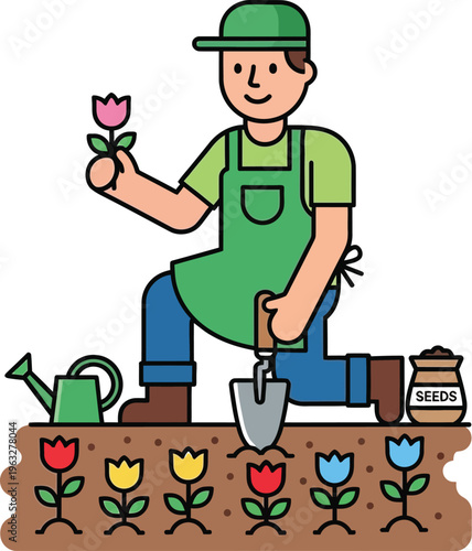 Smiling man inspects a freshly bloomed pink tulip while tending to a vibrant.