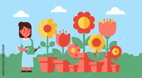 Woman watering flowers in garden pots.