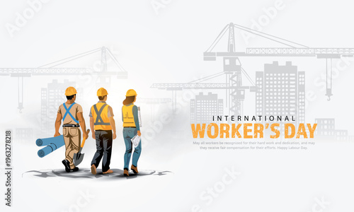 happy Labour day or international workers day vector illustration, site engineer, labour with safety cap going to construction site. labor day and may day celebration design.