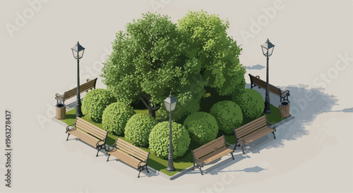 Isometric Park Scene with Green Trees, Bushes, Benches, and Streetlights Vector