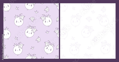 Cute Blackcurrant Princess Character Seamless Pattern Set. Outline Funny Berry Mascot on Light Purple and White Background. Line Drawing coloring template. Vector illustration. Kids collection