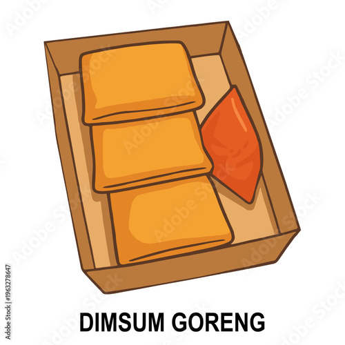 Fried Dim Sum or Spring Rolls in Paper Box with Chili Sauce Vector Illustration, Cartoon Fried Snack Icon, Dimsum Goreng