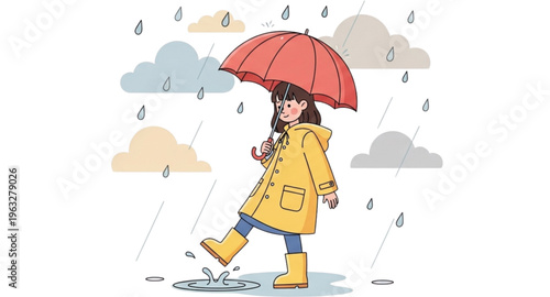 Cute Monsoon Season Girl with Umbrella Flat Illustration