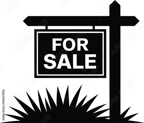 Minimalist monochrome vector illustration collection featuring for sale sign silhouette symbolizing real estate retail and property design