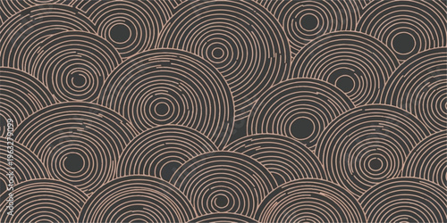 Abstract, hand-drawn Seigaiha wave pattern featuring concentric arcs and full circles in light tan on a dark charcoal background.