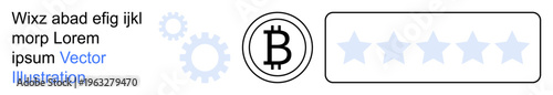 Cryptocurrency, blockchain technology, financial ratings, digital systems, fintech, online reviews. Bitcoin symbol next to a 5-star rating graphic. Cryptocurrency and financial ratings concept