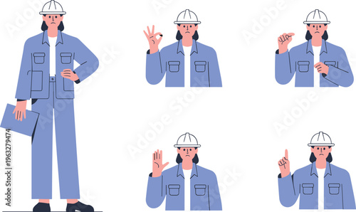female construction worker character set, serious engineer expressions, wearing safety helmet, holding clipboard, showing gestures, industrial presentation, flat vector illustration design