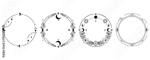 月と神秘的なタロットモチーフの円形フレームセット｜ ボタニカル セレスティアル線画