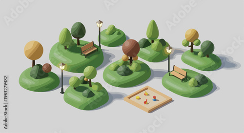 Set of 8 Isometric 3D Rendered Park and Garden Elements Vector