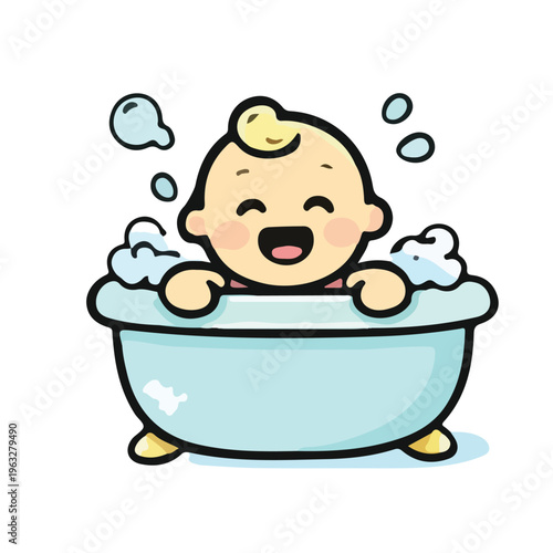 Cute hand drawn baby enjoying bath time in a bathtub with bubbles.
