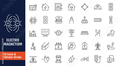 Electromagnetism icon set. Icons related to electricity meter, electric cable, electrical panel and more. Outline icon with Editable stroke. Vector illustration