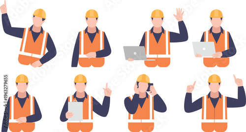 male construction worker character set, orange safety vest helmet, showing gestures, holding clipboard, using laptop phone, industrial engineer actions, flat vector illustration design