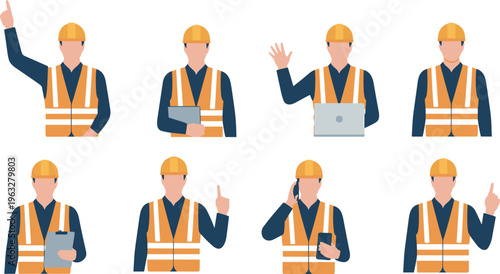 male construction worker character set, safety vest helmet, showing gestures, holding clipboard, using laptop phone, industrial engineer poses, flat vector illustration design